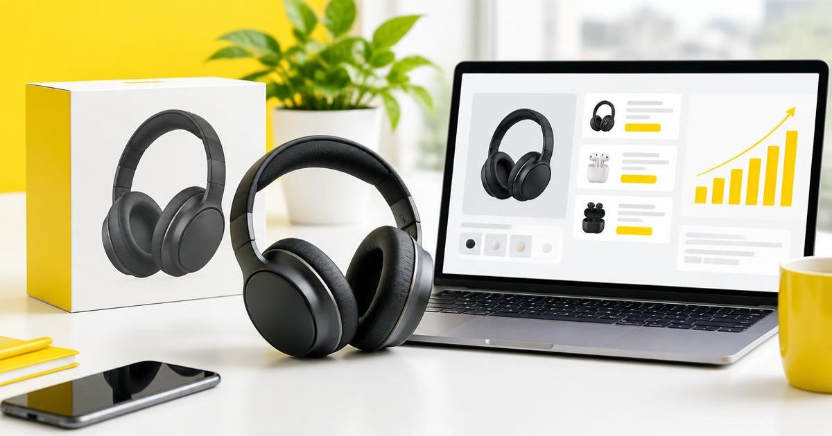 Fones e ficha de produto em uma loja ilustrativa
